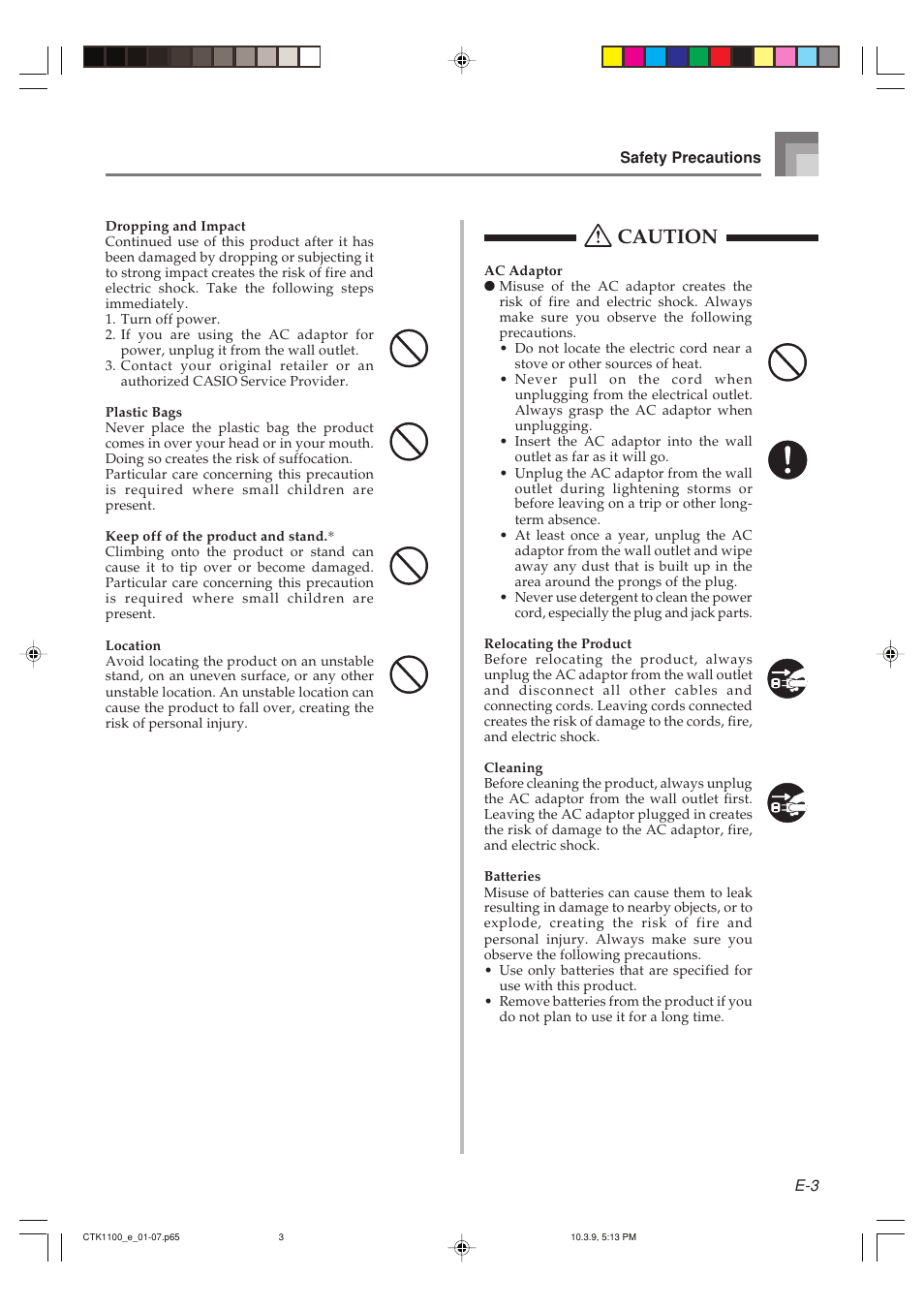 Caution | Casio CTK-1100 User Manual | Page 5 / 44