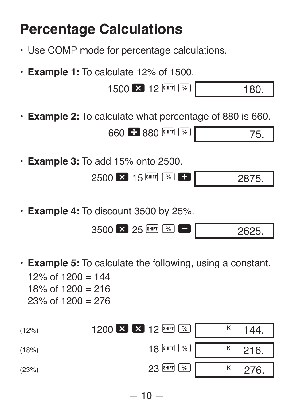 Percentage calculations | Casio FX-82SX User Manual | Page 12 / 35