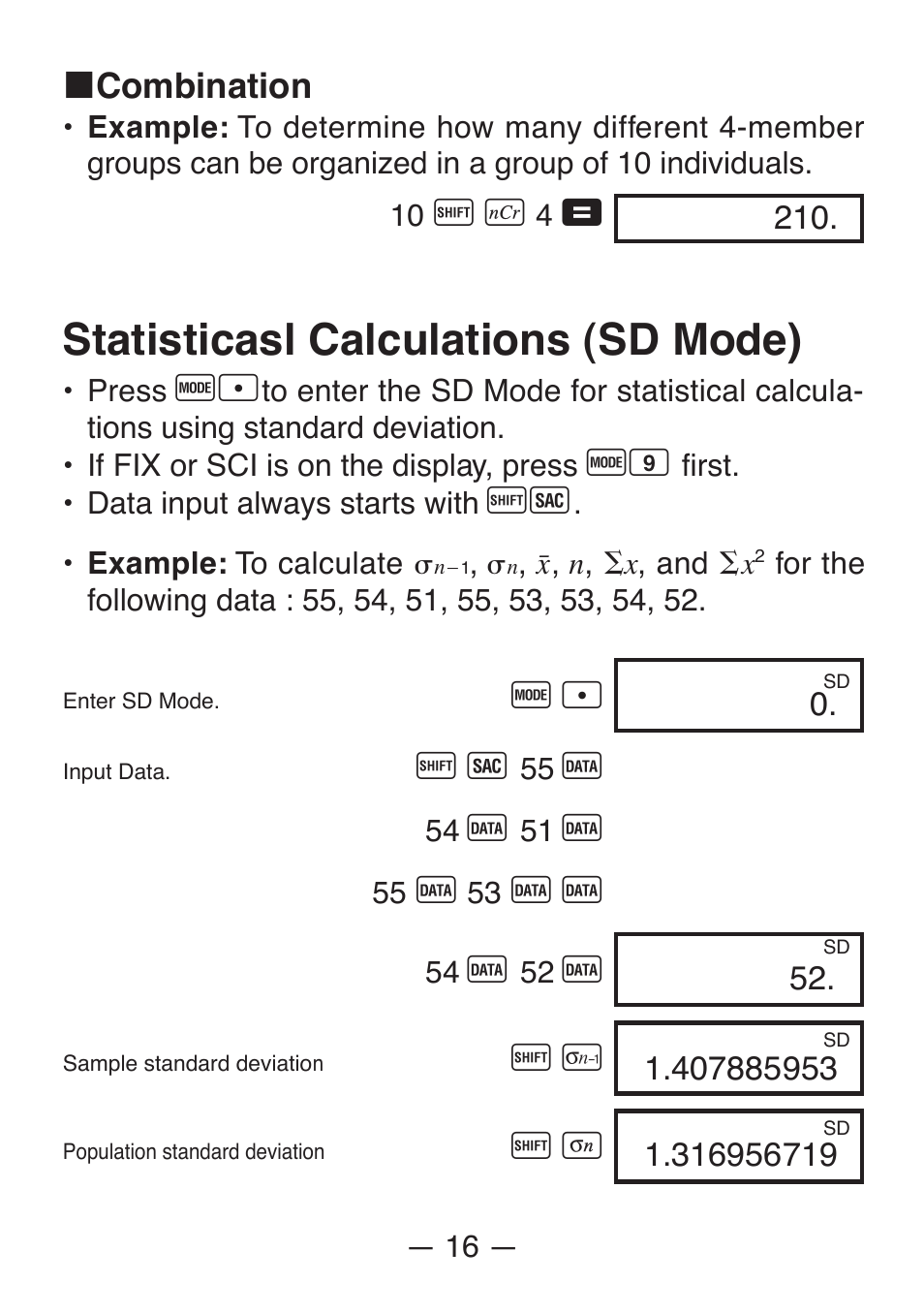 Statisticasl calculations (sd mode) | Casio FX-82SX User Manual | Page 18 / 35