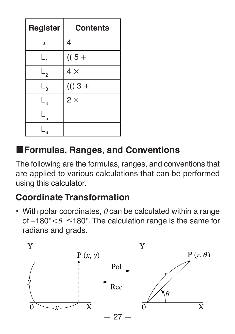 K formulas, ranges, and conventions, Coordinate transformation | Casio FX-82SX User Manual | Page 29 / 35