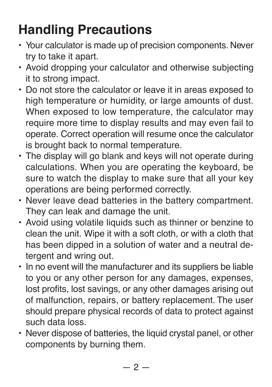 Handling precautions | Casio FX-82SX User Manual | Page 4 / 35