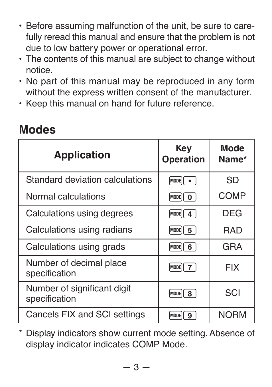 Modes | Casio FX-82SX User Manual | Page 5 / 35