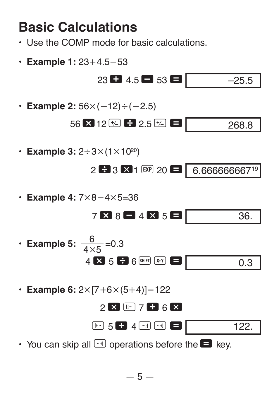 Basic calculations | Casio FX-82SX User Manual | Page 7 / 35