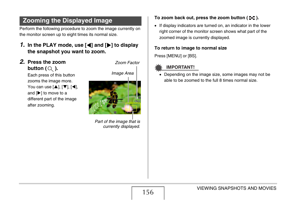 Zooming the displayed image | Casio EX-Z8 User Manual | Page 156 / 265