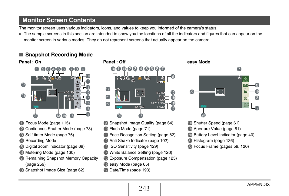 Monitor screen contents | Casio EX-Z8 User Manual | Page 243 / 265