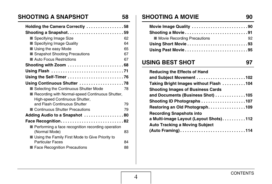 Shooting a snapshot 58, Shooting a movie 90, Using best shot 97 | Casio EX-Z8 User Manual | Page 4 / 265