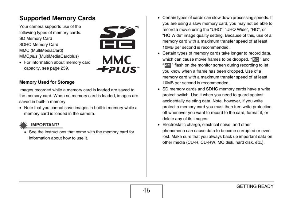 Supported memory cards | Casio EX-Z8 User Manual | Page 46 / 265