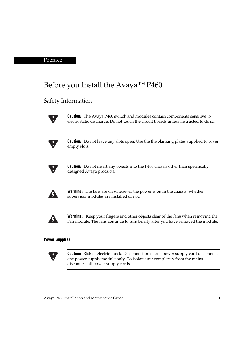 Preface, Safety information, Power supplies | Fcc notice, Before you install the avaya™ p460 | Avaya P460 User Manual | Page 11 / 96