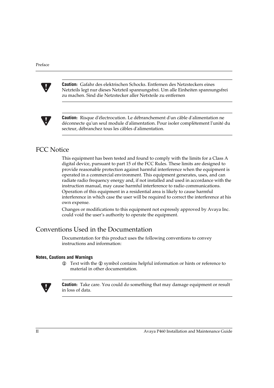 Fcc notice, Conventions used in the documentation, Notes, cautions and warnings | Avaya P460 User Manual | Page 12 / 96