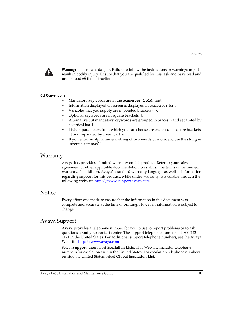 Cli conventions, Warranty, Notice | Avaya support | Avaya P460 User Manual | Page 13 / 96