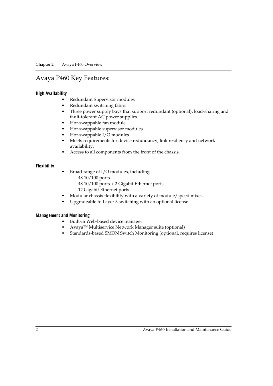 Avaya p460 key features, High availability, Flexibility | Management and monitoring | Avaya P460 User Manual | Page 16 / 96