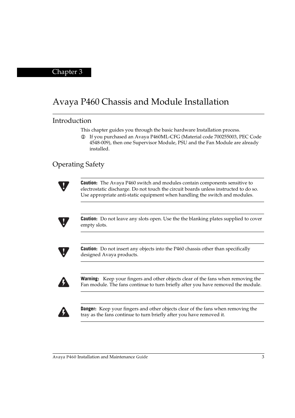 Avaya p460 chassis and module installation, Introduction, Operating safety | Chapter 3 | Avaya P460 User Manual | Page 17 / 96