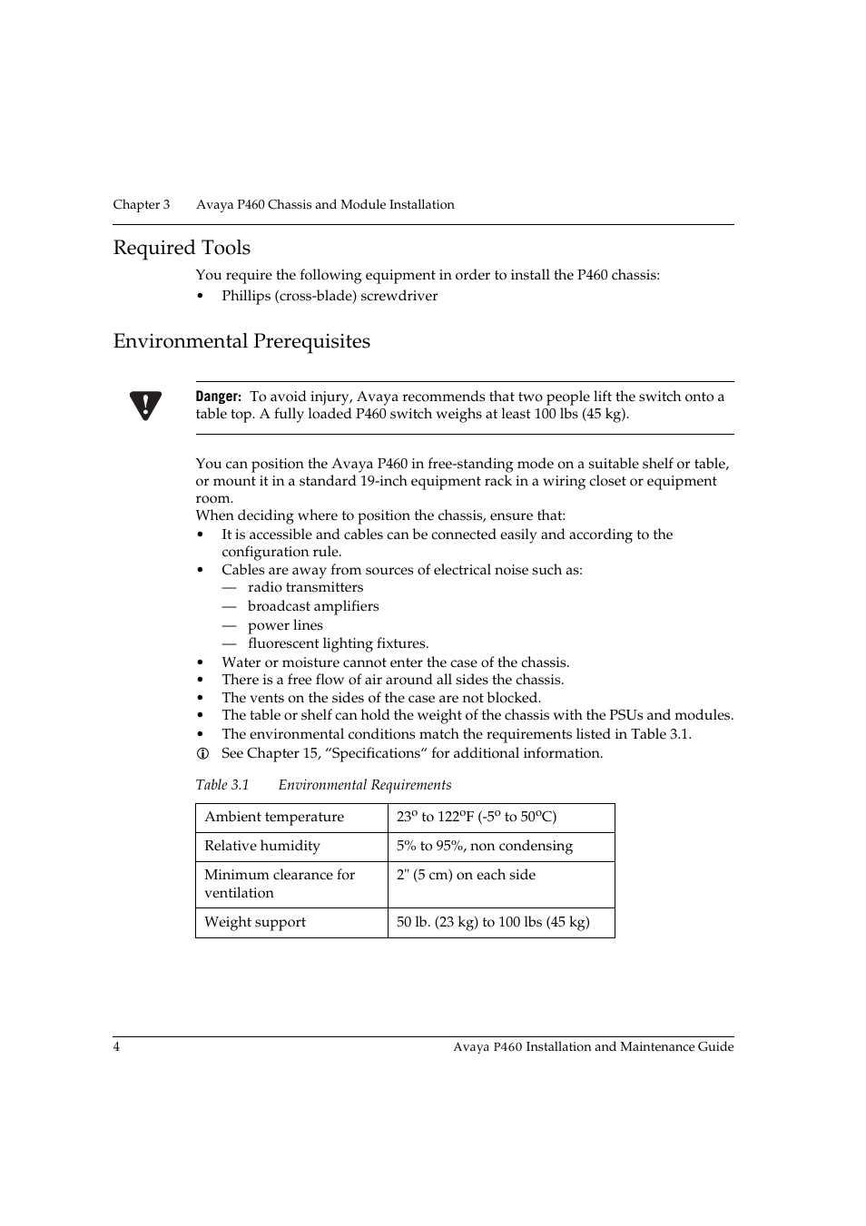 Required tools, Environmental prerequisites, Required tools environmental prerequisites | Table 3.1, Environmental requirements | Avaya P460 User Manual | Page 18 / 96