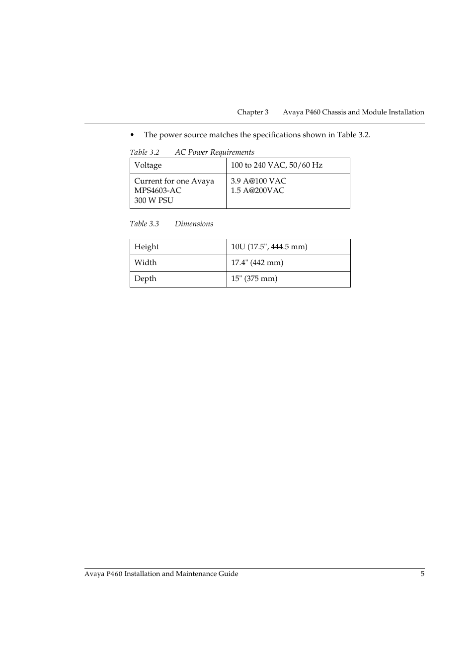 Table 3.2, Ac power requirements, Table 3.3 | Dimensions | Avaya P460 User Manual | Page 19 / 96