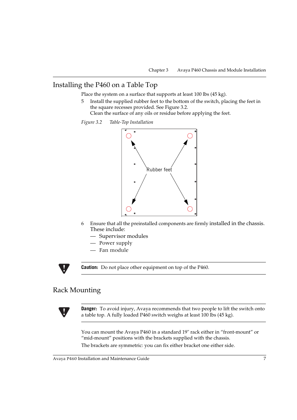 Installing the p460 on a table top, Rack mounting, Installing the p460 on a table top rack mounting | Figure 3.2, Table-top installation | Avaya P460 User Manual | Page 21 / 96