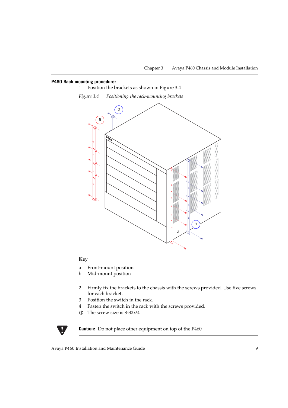 P460 rack mounting procedure, Figure 3.4, Positioning the rack-mounting brackets | Avaya P460 User Manual | Page 23 / 96
