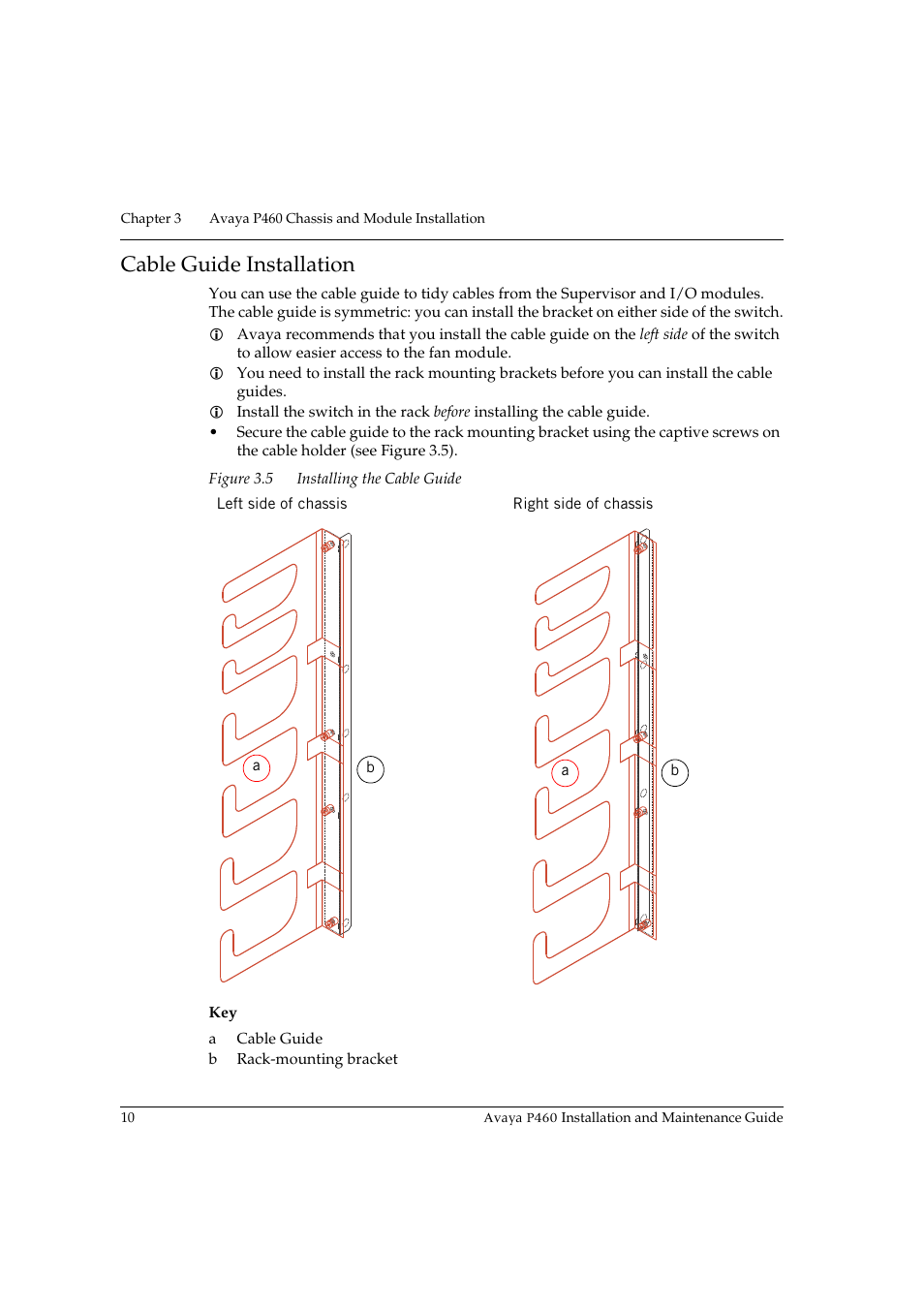 Cable guide installation, Figure 3.5, Installing the cable guide | Avaya P460 User Manual | Page 24 / 96