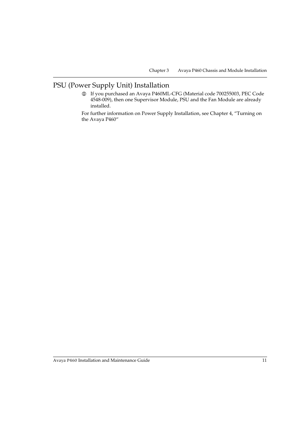 Psu (power supply unit) installation | Avaya P460 User Manual | Page 25 / 96