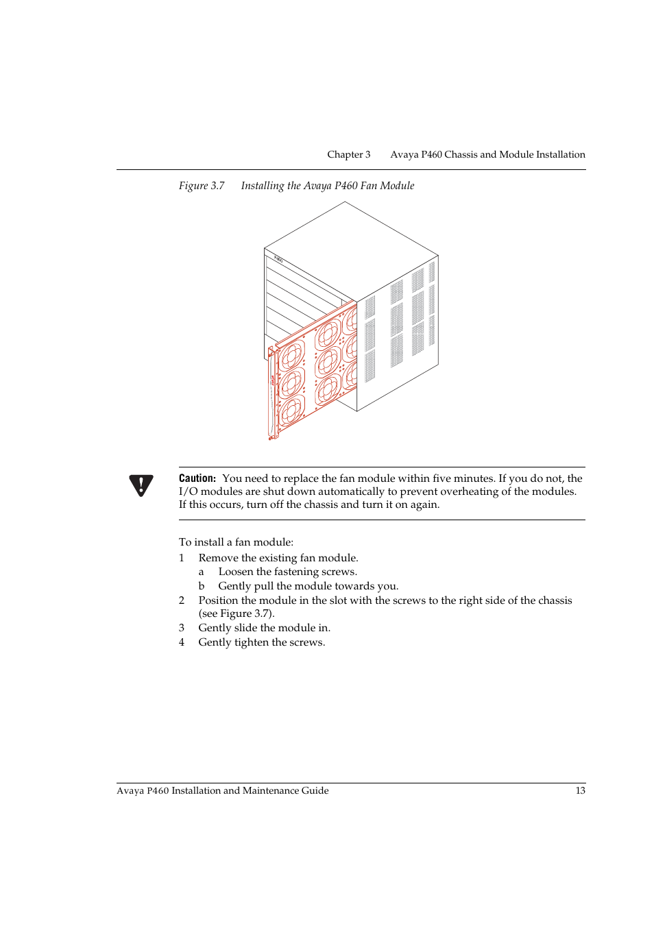 Figure 3.7, Installing the avaya p460 fan module, M48 0-f an | Avaya P460 User Manual | Page 27 / 96