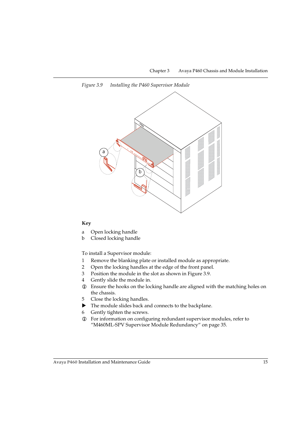 Figure 3.9, Installing the p460 supervisor module | Avaya P460 User Manual | Page 29 / 96