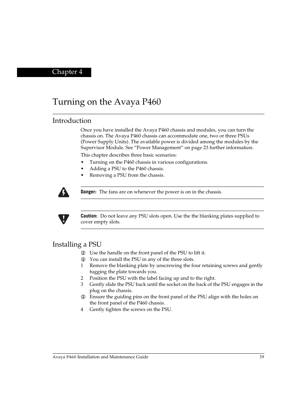 Turning on the avaya p460, Introduction, Installing a psu | Chapter 4, Introduction installing a psu | Avaya P460 User Manual | Page 33 / 96