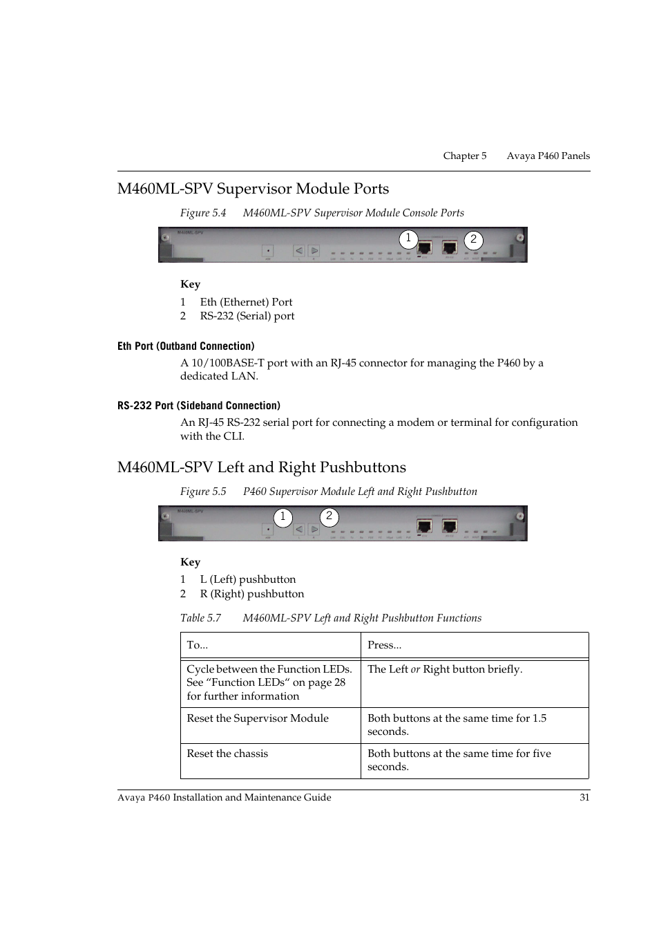 M460ml-spv supervisor module ports, Eth port (outband connection), Rs-232 port (sideband connection) | M460ml-spv left and right pushbuttons, Table 5.7, M460ml-spv left and right pushbutton functions, Figure 5.4, M460ml-spv supervisor module console ports, Figure 5.5, P460 supervisor module left and right pushbutton | Avaya P460 User Manual | Page 45 / 96
