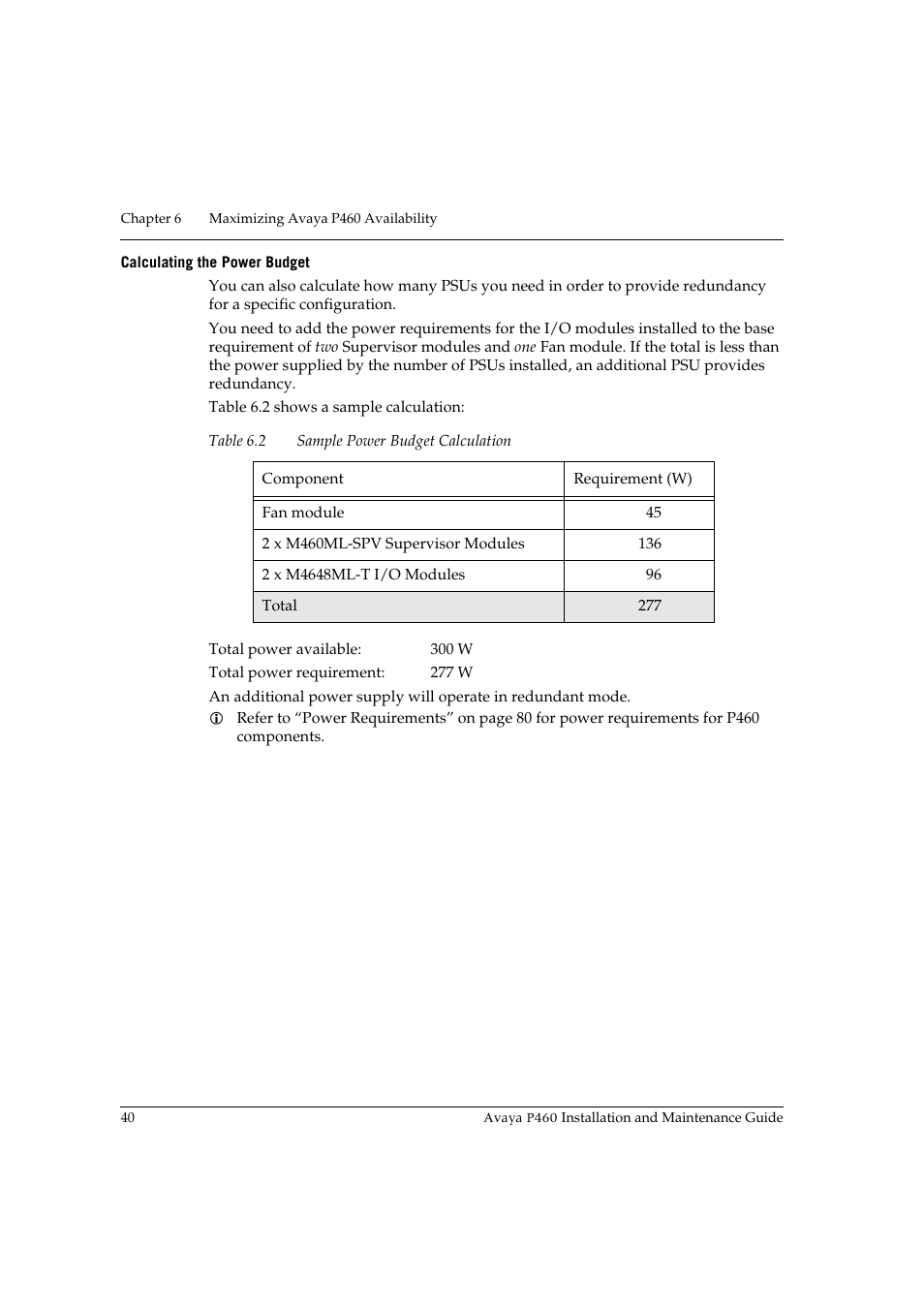 Calculating the power budget, Table 6.2, Sample power budget calculation | Avaya P460 User Manual | Page 54 / 96