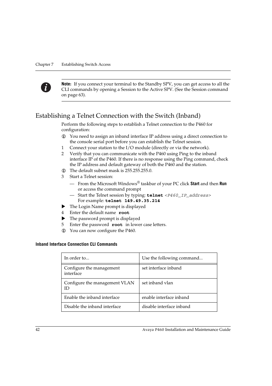 Inband interface connection cli commands | Avaya P460 User Manual | Page 56 / 96