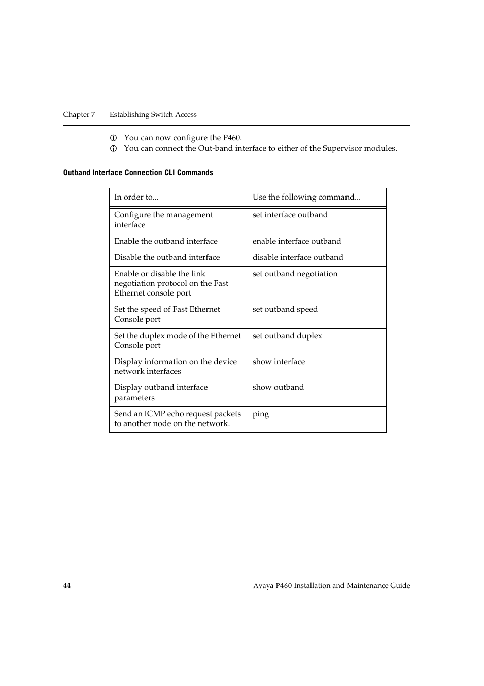 Outband interface connection cli commands | Avaya P460 User Manual | Page 58 / 96