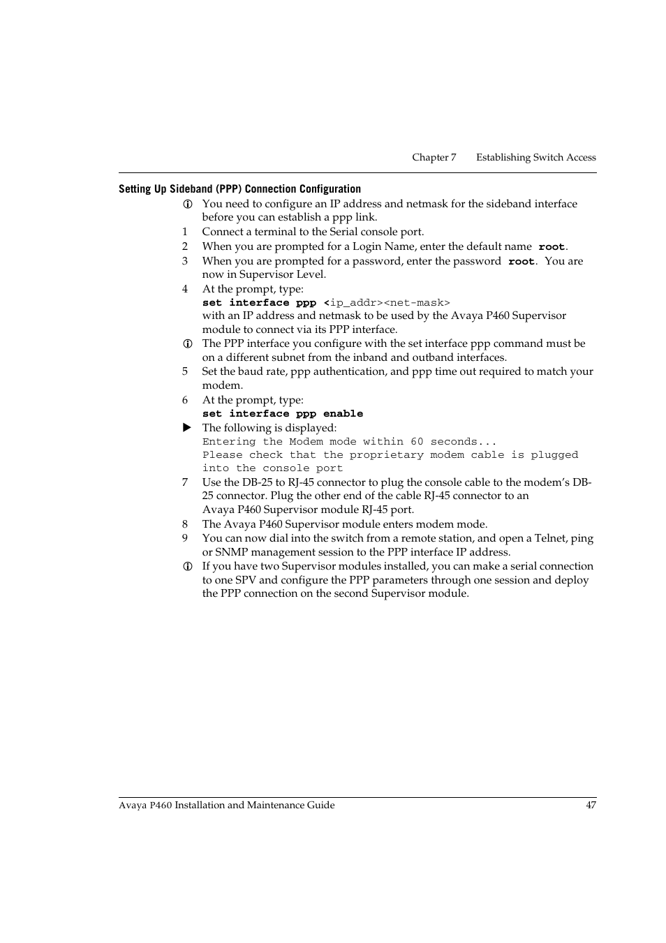 Setting up sideband (ppp) connection configuration | Avaya P460 User Manual | Page 61 / 96