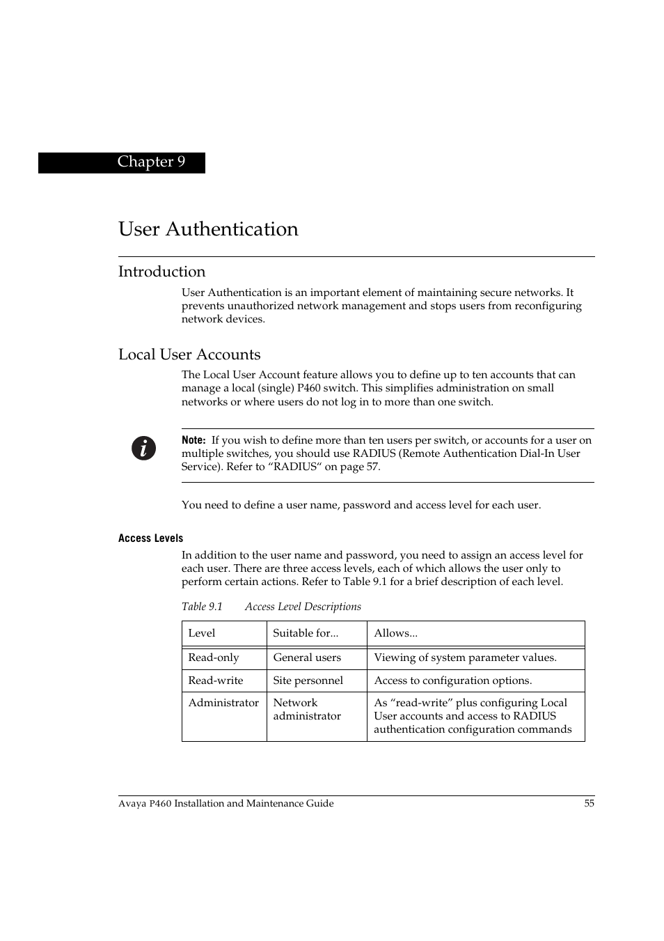 User authentication, Introduction, Local user accounts | Access levels, Chapter 9, Table 9.1, Access level descriptions | Avaya P460 User Manual | Page 69 / 96