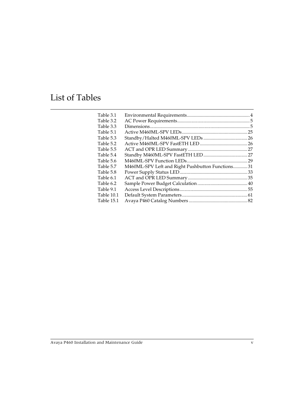 List of tables | Avaya P460 User Manual | Page 7 / 96