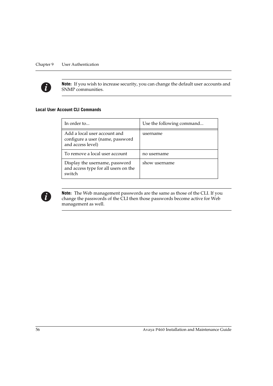 Local user account cli commands | Avaya P460 User Manual | Page 70 / 96