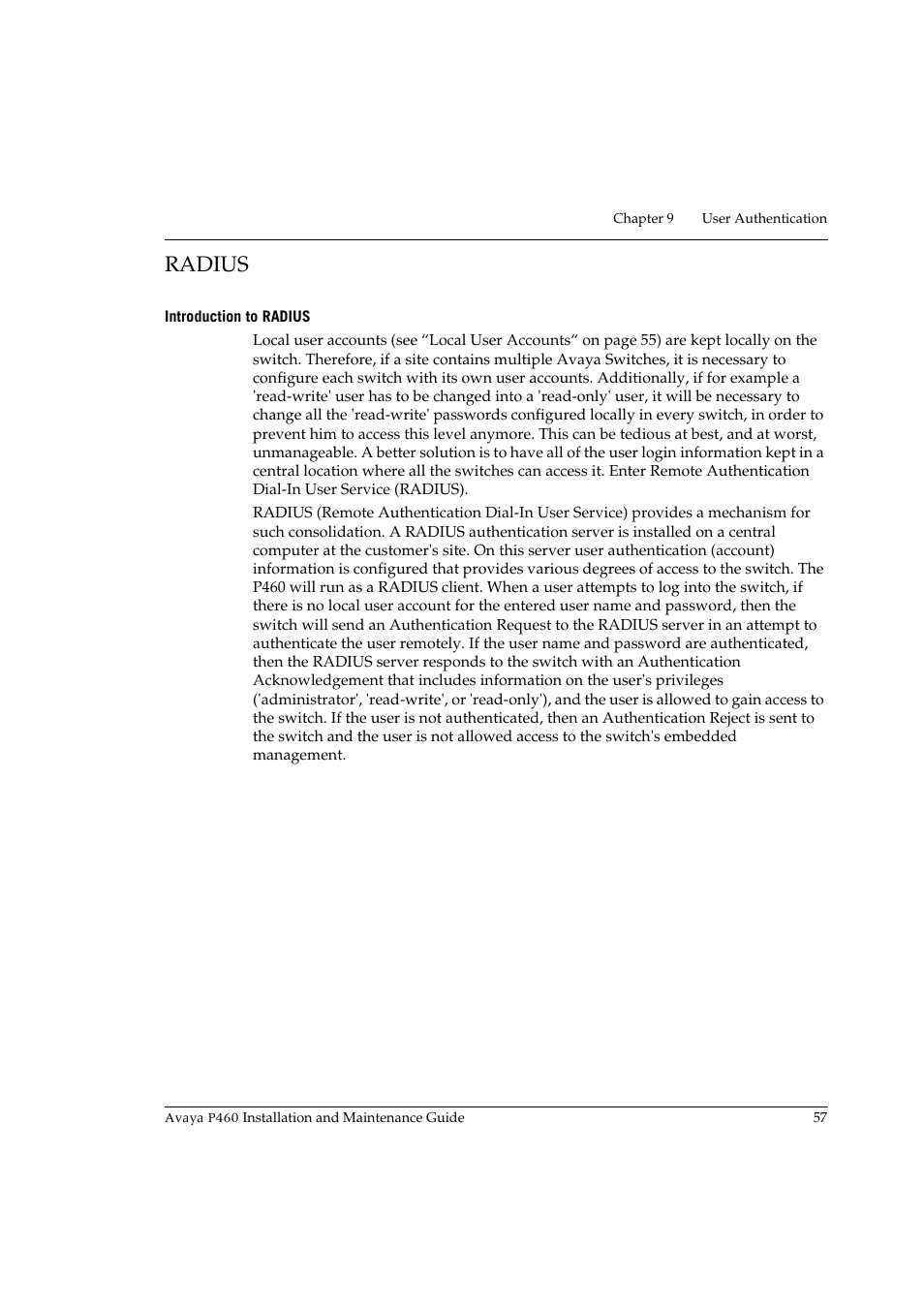 Radius, Introduction to radius | Avaya P460 User Manual | Page 71 / 96