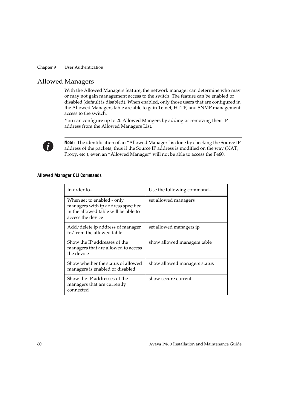 Allowed managers, Allowed manager cli commands | Avaya P460 User Manual | Page 74 / 96