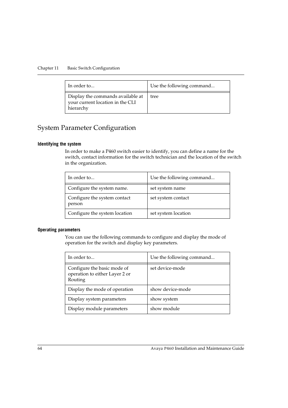 System parameter configuration, Identifying the system, Operating parameters | Avaya P460 User Manual | Page 78 / 96