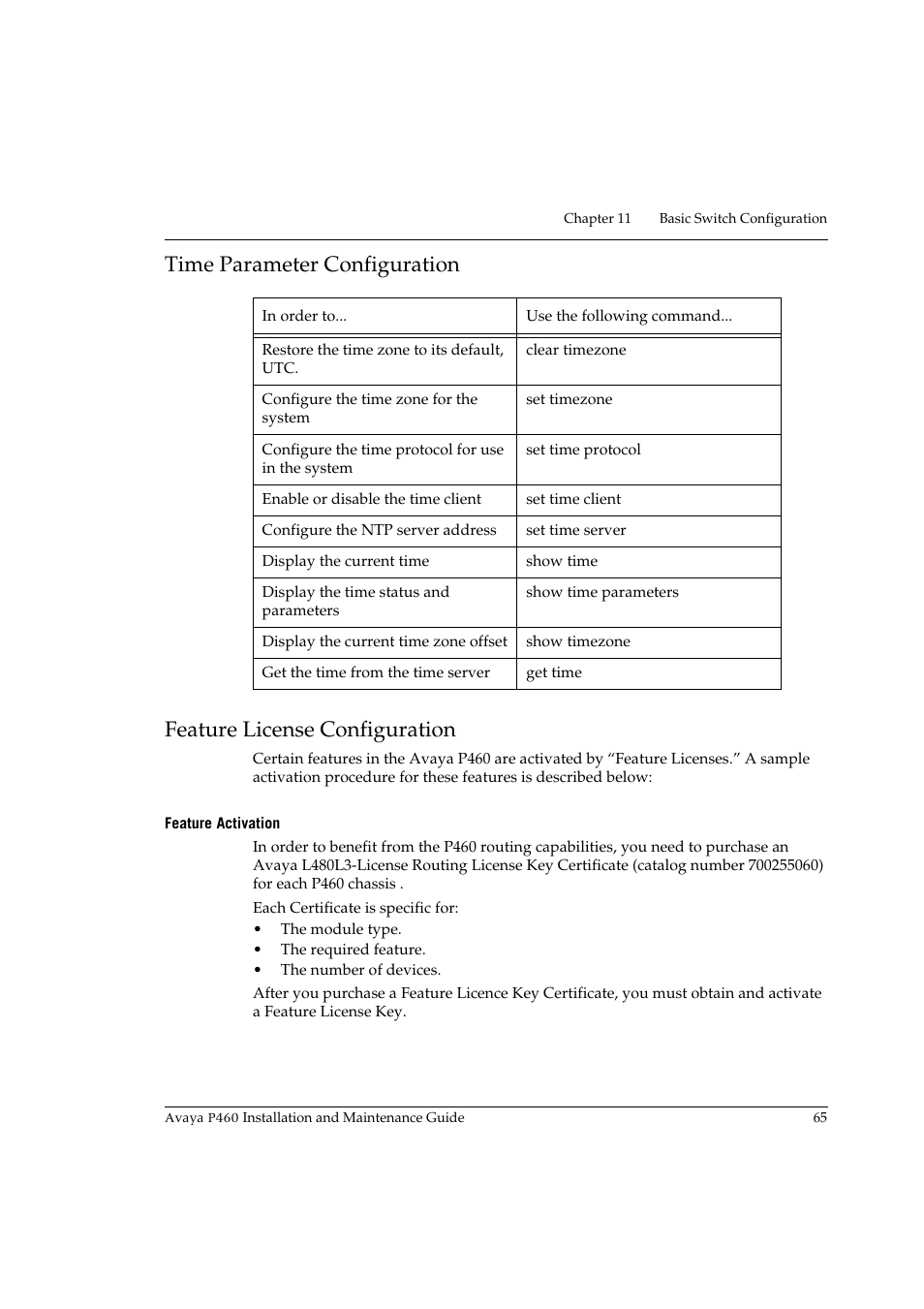 Time parameter configuration, Feature license configuration, Feature activation | Avaya P460 User Manual | Page 79 / 96