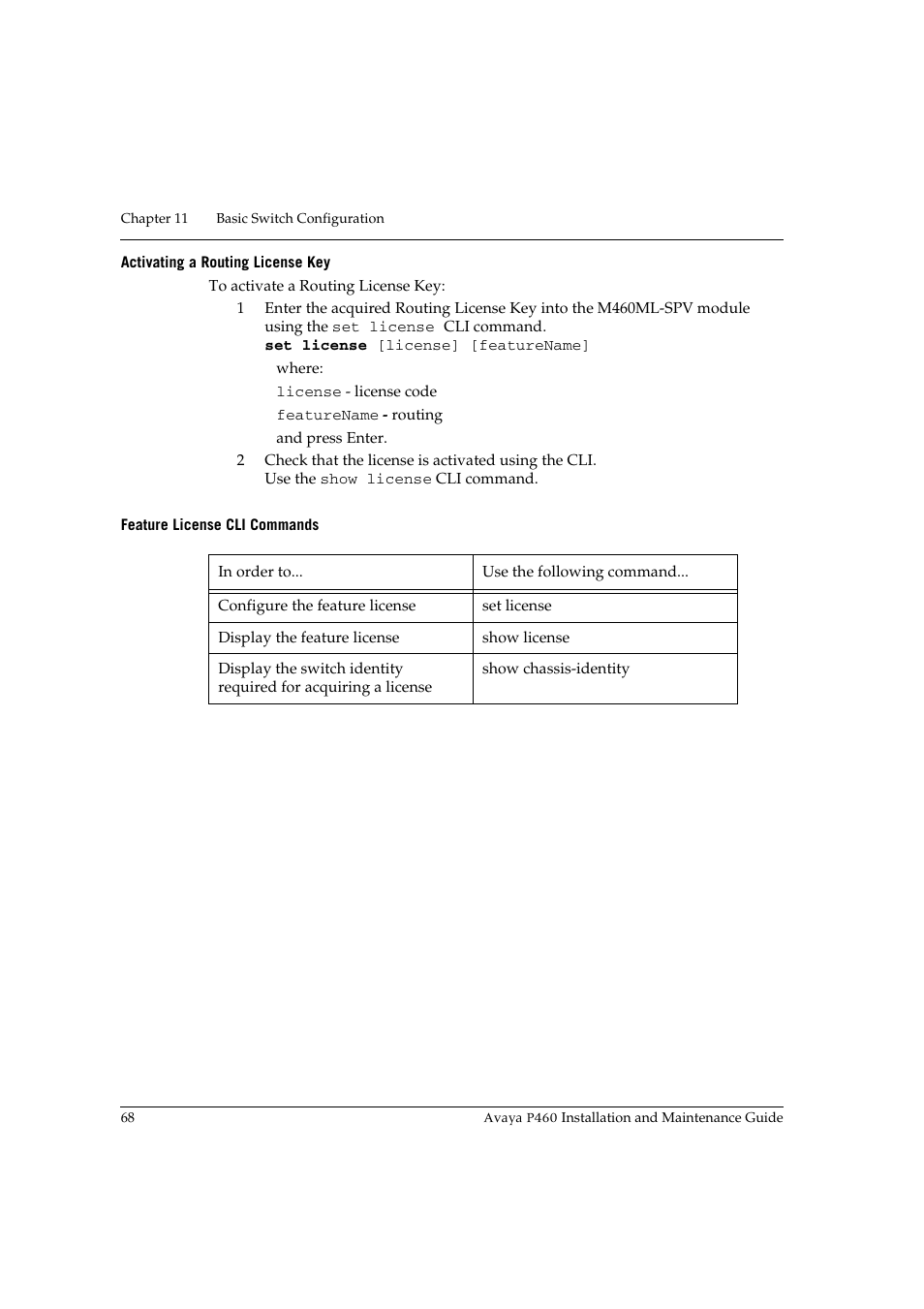 Activating a routing license key, Feature license cli commands | Avaya P460 User Manual | Page 82 / 96