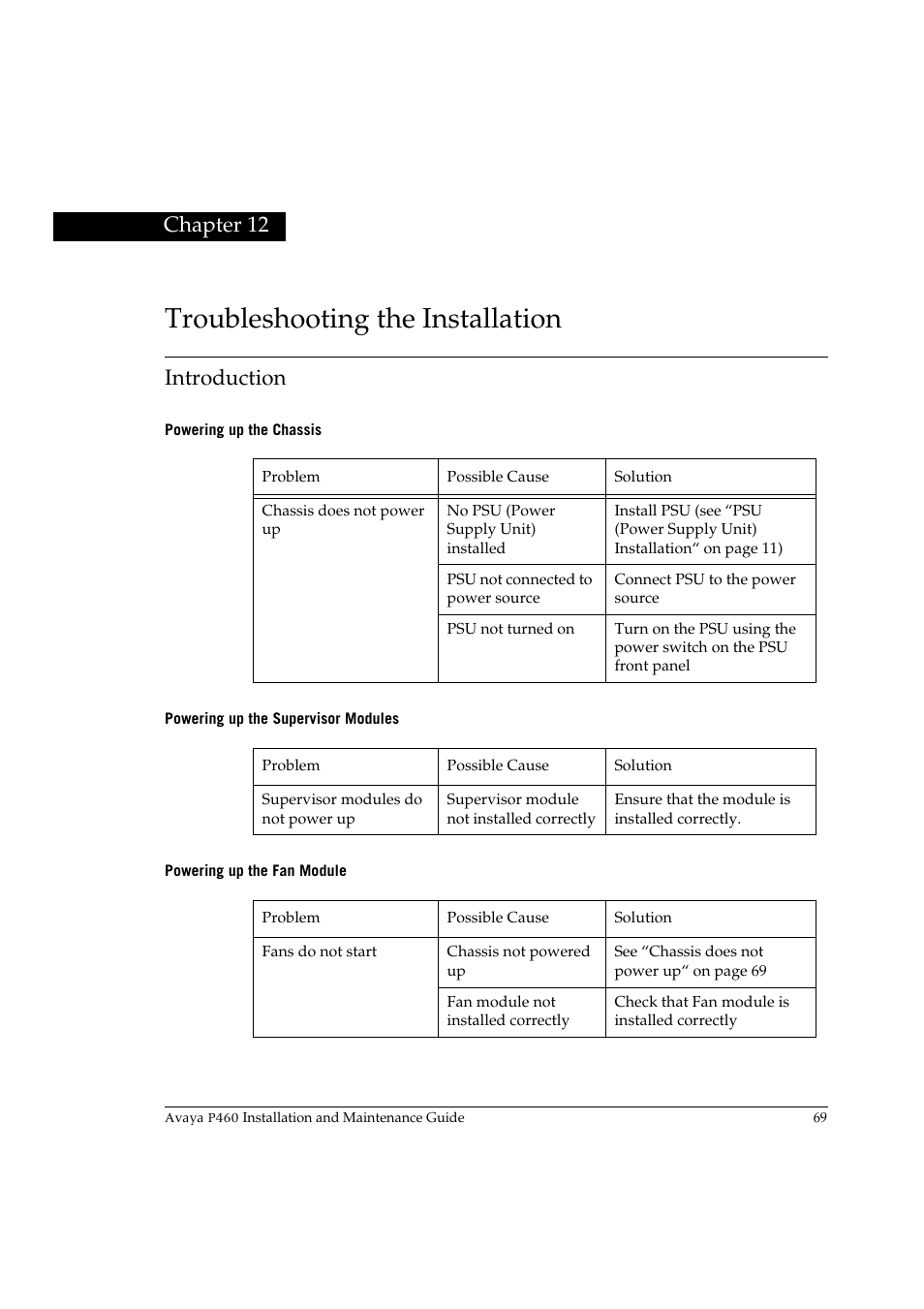 Troubleshooting the installation, Introduction, Powering up the chassis | Powering up the supervisor modules, Powering up the fan module, Chapter 12, Troubleshooting the installation introduction, Troubleshooting the installation") | Avaya P460 User Manual | Page 83 / 96