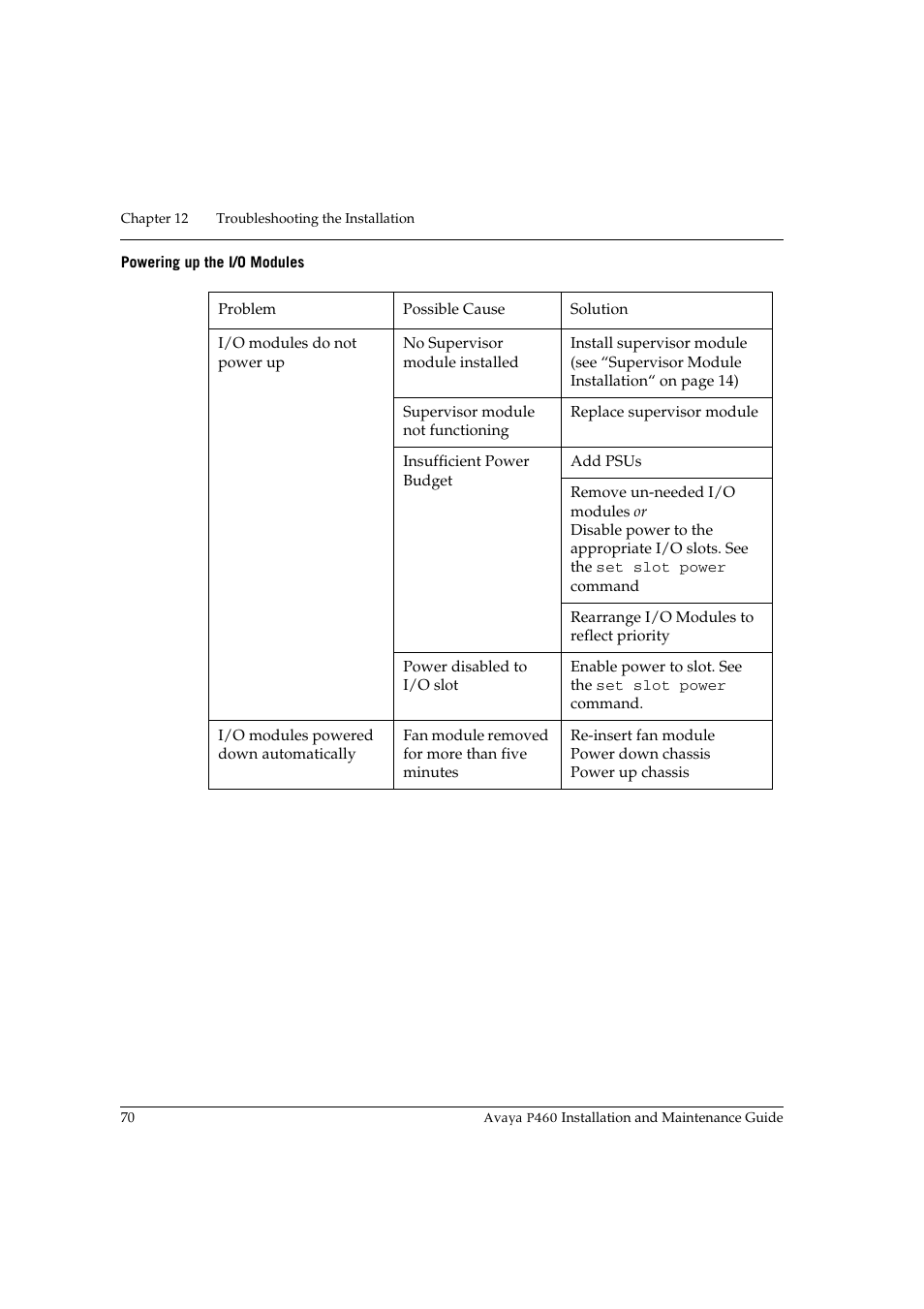 Powering up the i/o modules | Avaya P460 User Manual | Page 84 / 96