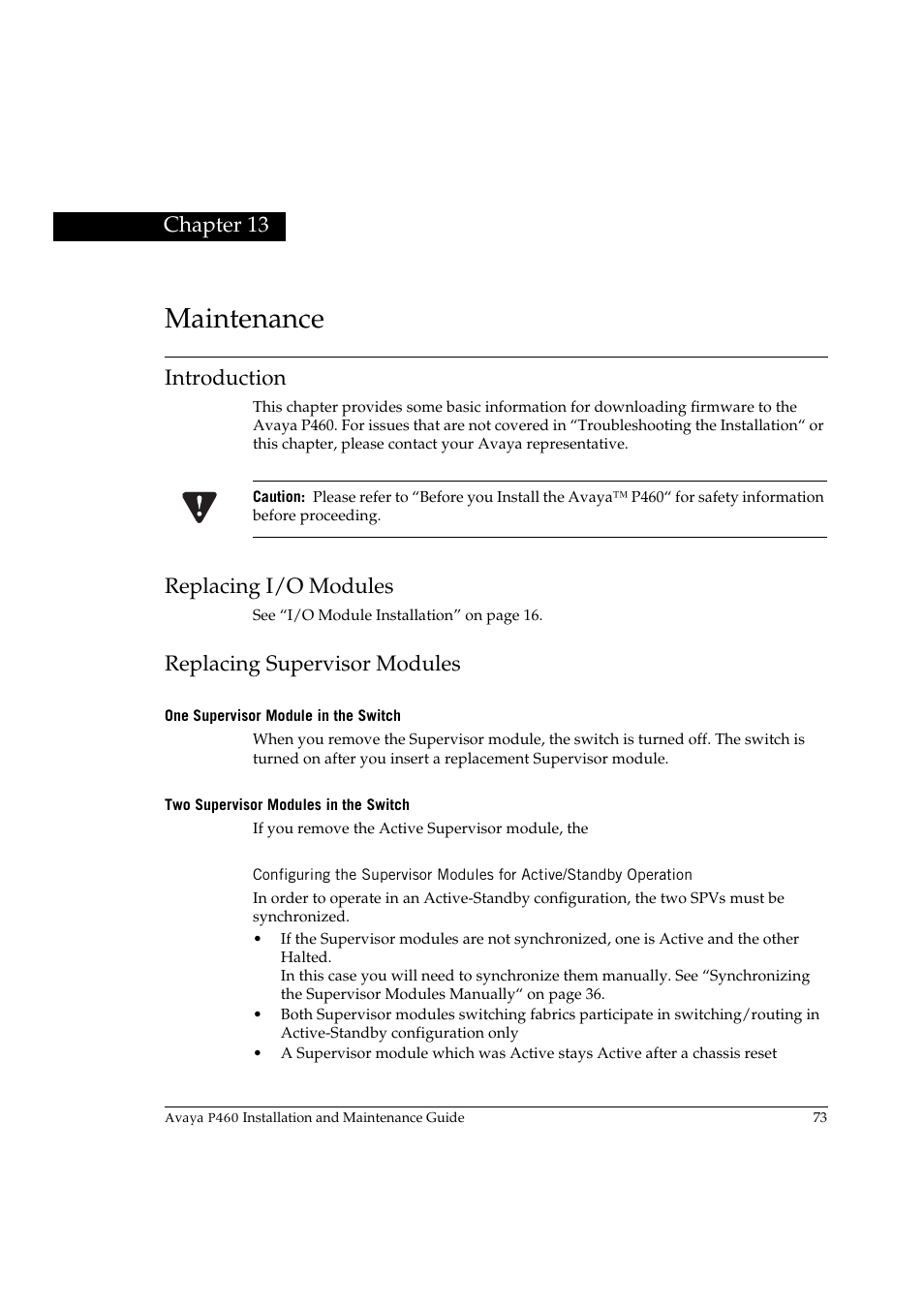 Maintenance, Introduction, Replacing i/o modules | Replacing supervisor modules, One supervisor module in the switch, Two supervisor modules in the switch, Chapter 13 | Avaya P460 User Manual | Page 87 / 96