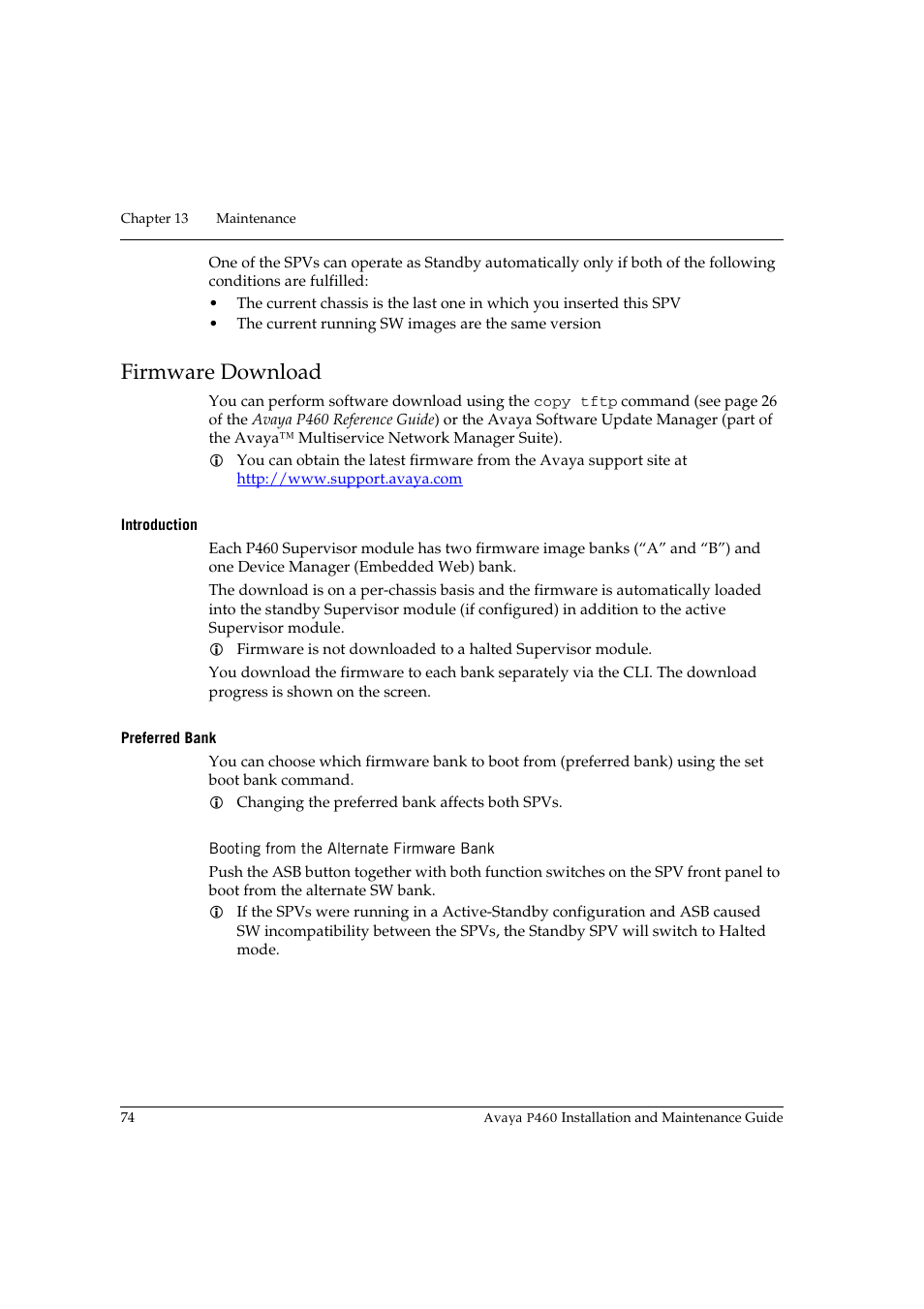 Firmware download, Introduction, Preferred bank | Booting from the alternate firmware bank, Introduction preferred bank | Avaya P460 User Manual | Page 88 / 96
