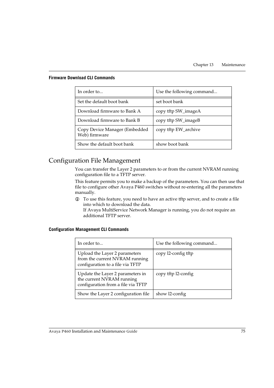 Firmware download cli commands, Configuration file management, Configuration management cli commands | Avaya P460 User Manual | Page 89 / 96