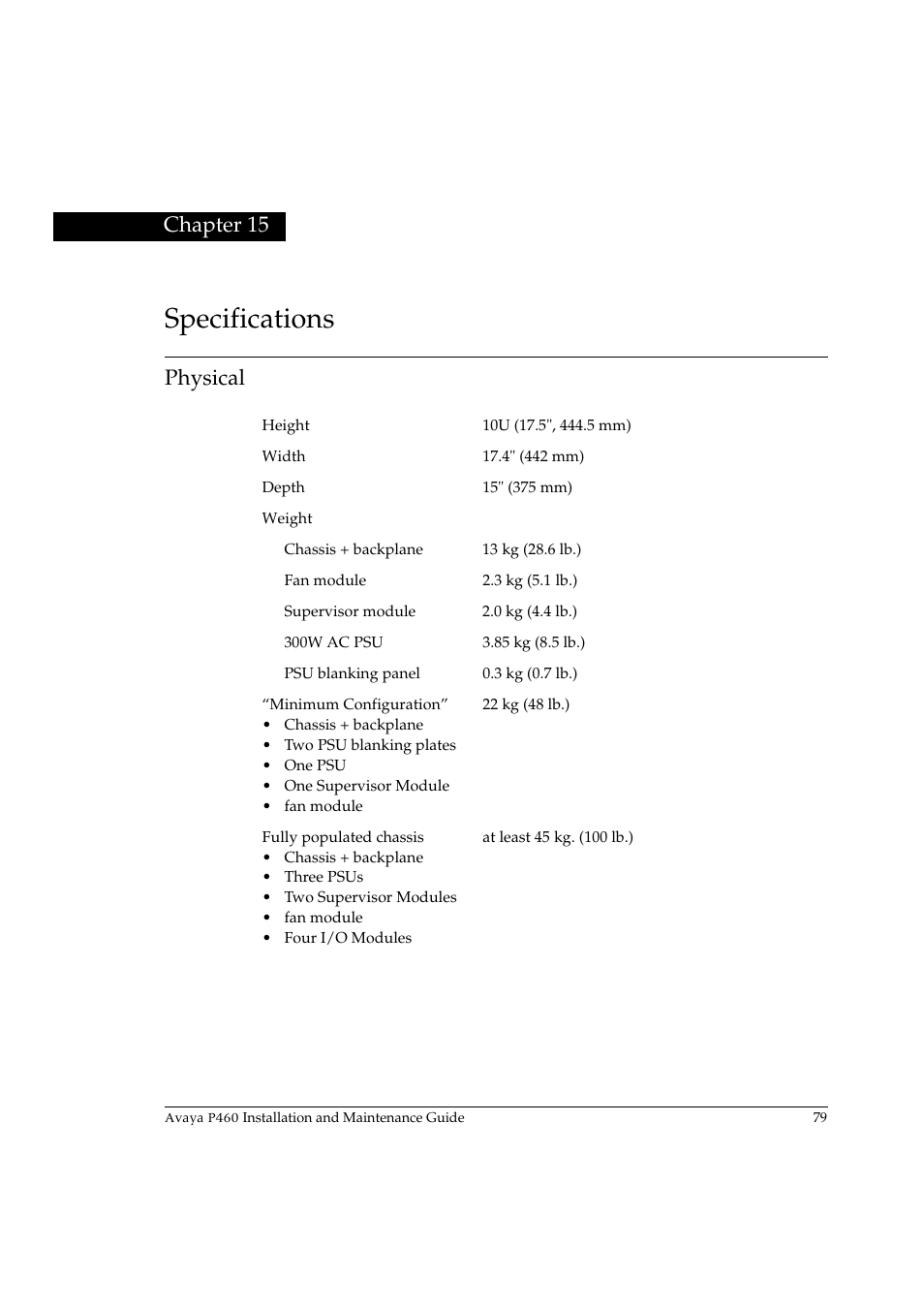 Specifications, Physical, Chapter 15 | Specifications physical | Avaya P460 User Manual | Page 93 / 96
