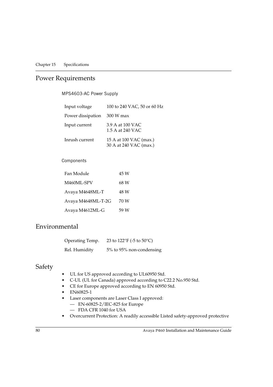 Power requirements, Mps4603-ac power supply, Components | Environmental, Safety, Mps4603-ac power supply components, Environmental safety | Avaya P460 User Manual | Page 94 / 96
