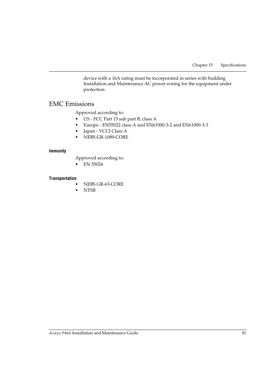 Emc emissions, Immunity, Transportation | Immunity transportation | Avaya P460 User Manual | Page 95 / 96