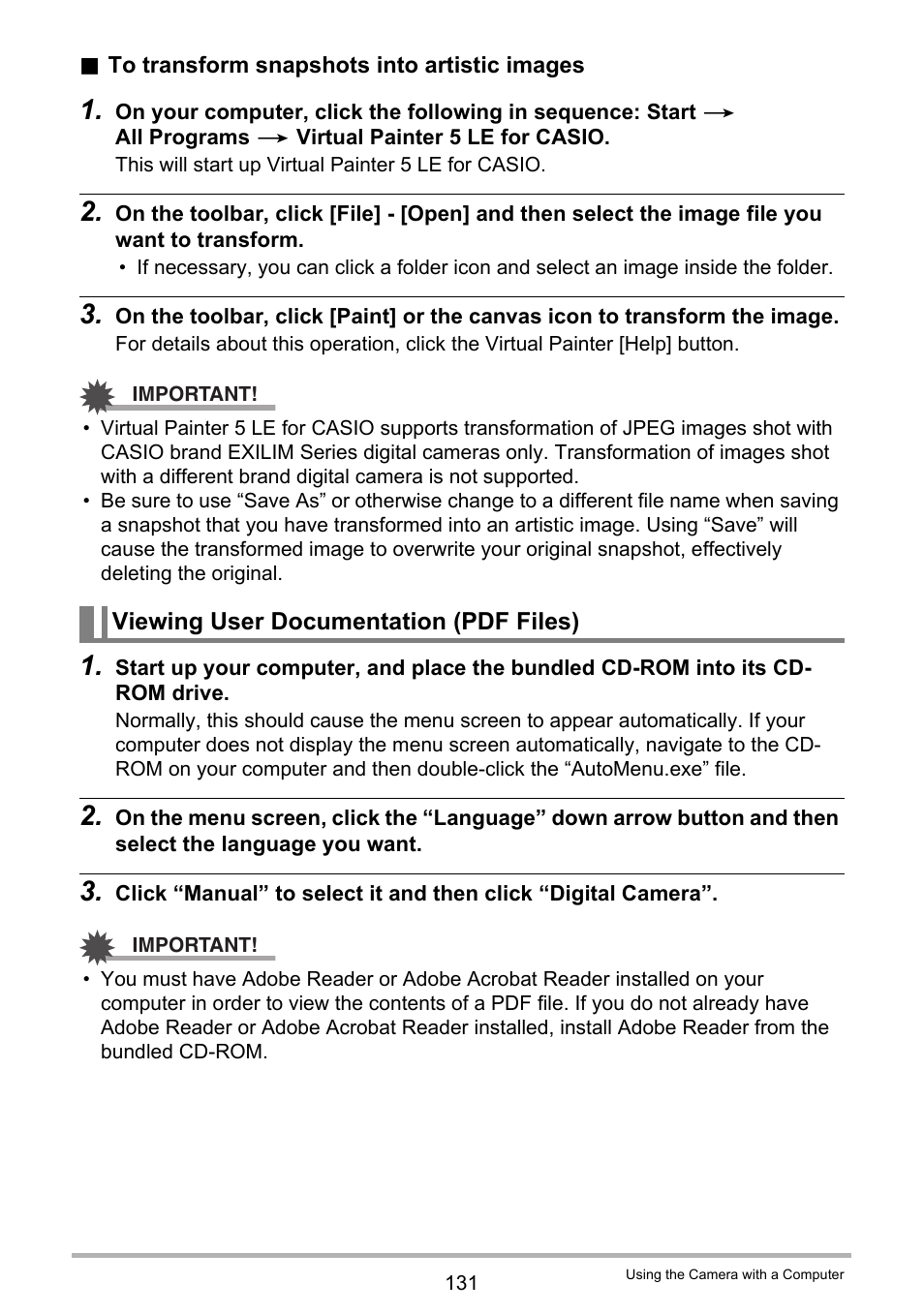 Viewing user documentation (pdf files) | Casio EXILIM EX-H30 User Manual | Page 131 / 196