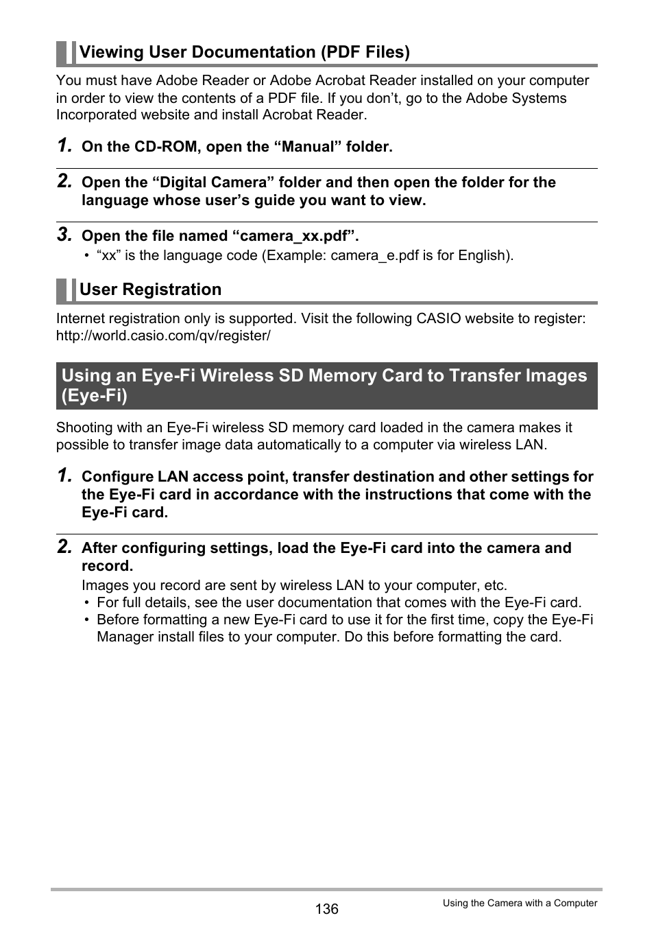 Viewing user documentation (pdf files), User registration | Casio EXILIM EX-H30 User Manual | Page 136 / 196