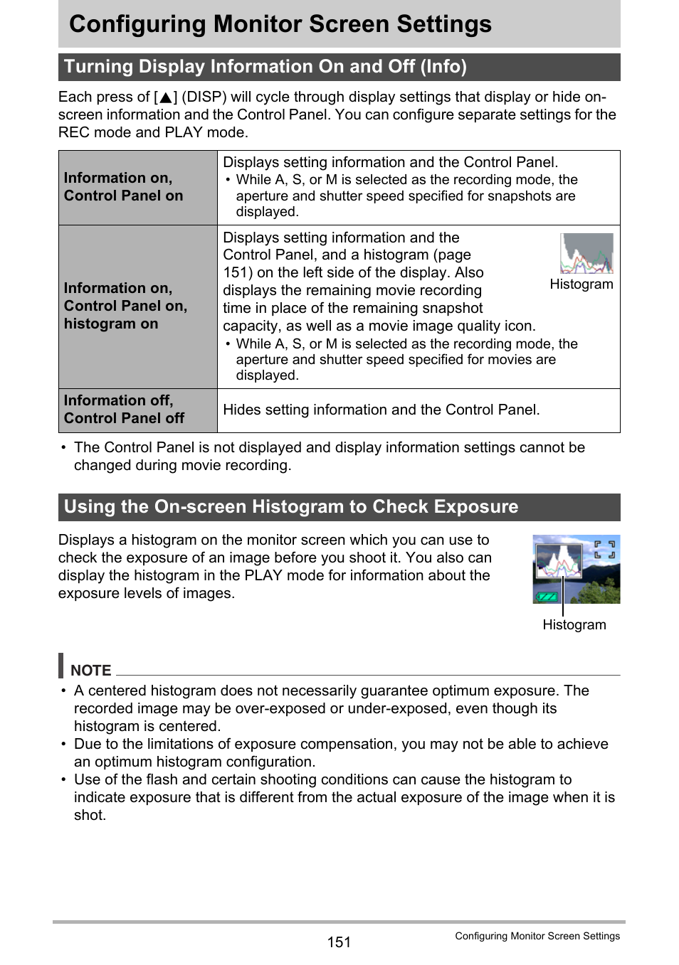 Configuring monitor screen settings, Turning display information on and off (info), Using the on-screen histogram to check exposure | Casio EXILIM EX-H30 User Manual | Page 151 / 196