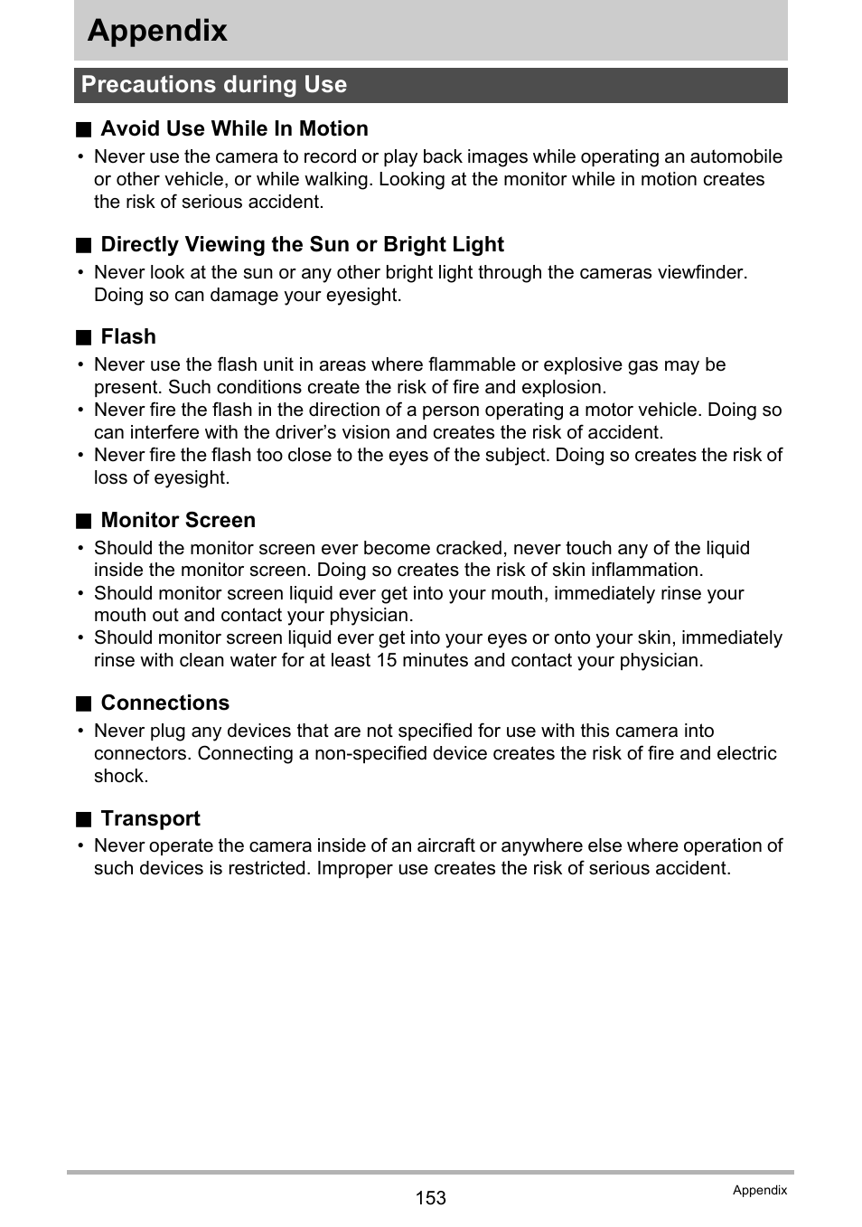 Appendix, Precautions during use | Casio EXILIM EX-H30 User Manual | Page 153 / 196